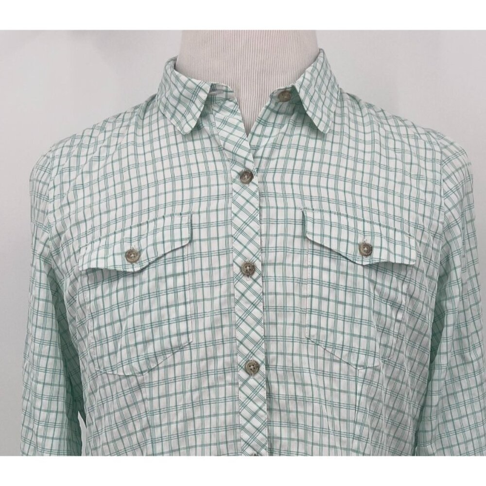 Eddie Bauer Women's Travex Vented Roll Tab Sleeve Shirt L Large White Green